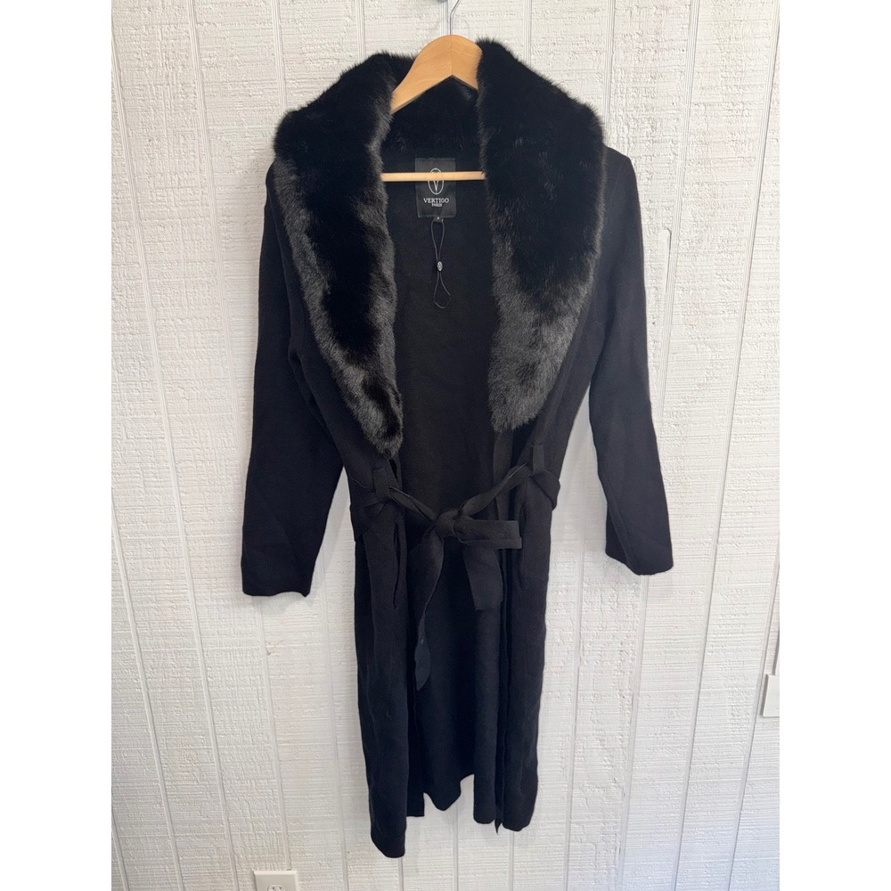 Vertigo Paris Knit Cardigan Women Black Faux Fur Collar Belted Long Sweater S